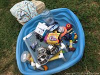 Overview of the blue dog pool containing various dog supplies including dishes, toys, pet water dispenser, and carrier.