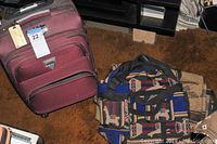Photo of maroon softshell suitcase and two colorful wool overnight satchels on brown carpet.