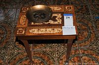 Inlaid wooden table top with brass bowl placed on it, showing intricate decorative patterns and size note (15x11x15)