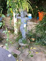 Full view of female statue plant stand amidst garden plants, showing overall height and base details.