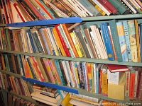 Books on a shelving unit showing rows of hardback and paperback books packed tightly, arranged horizontally and vertically