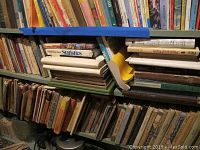 Image of shelves with multiple hard and soft bound books in various conditions and sizes.