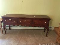 Full length front view of Henkel Harris Jamestown Colony buffet table showing entire piece with 3 drawers and cabriole legs.