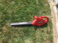 Photo of a red electric leaf blower on green grass, showing the entire unit with handle and nozzle
