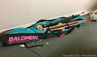 Side view showing the skis with bindings, two ski poles, and a Salomon carrying bag on floor