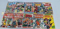 Photo showing front covers of 10 older Marvel comic books, with visible wear including torn or missing covers, discoloration, and creasing. Characters visible include Hulk, Beast, Deathlok, among others.