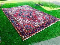 Full view of carpet laid on grass showing central medallion and border
