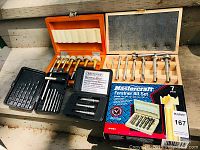 Overview of all included items: two wooden cases with Forstner bits, Craftsman Screw-Out set, Mastercraft Forstner bit set in box