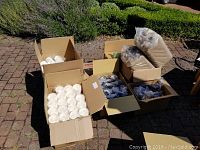 Multiple cardboard boxes open outdoors showing stacks of white disposable cups, plastic lids, black cup holders, and one green serving tray.