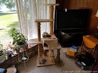 Overall view of beige cat tree with platforms, scratching posts, and paw print designs, positioned next to a window with plants nearby.