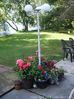 Full view of white solar post light with three globes mounted on curved arms standing in a large white planter containing several flowering plants and surrounded by additional pots and decor on concrete patio.