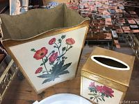 Set of Italian tissue holder and waste basket displaying floral red poppy design with gold edge detail
