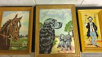 Three framed vintage paint by number paintings: a horse head, a black dog with puppies, and a man holding an umbrella. Wood frames with visible condition.