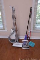 Kenmore Power Mate vacuum, Dirt Devil vacuum with dust mop, Mei Li Long duster and accessories bag