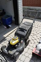 Full mower profile showing yellow Briggs & Stratton engine cover, black deck, grass catcher, and handle.