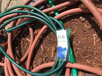 Garden hoses in green and brown coiled on ground.