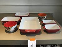 Full view of all five PC red and white oven-safe dishes and two lacquer-inspired decorative bowls