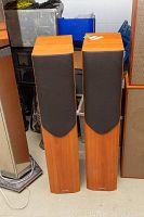Front view of both speakers with grille covers in place