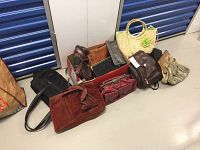 Group of various purses including leather and fabric in different colors and styles.