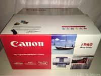 Box front showing Canon brand, i960 photo printer model, and print resolution and nozzle details