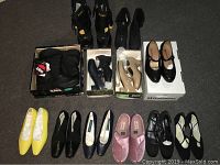 Full assortment of 11 pairs of women's shoes size 7 in various colors and styles on carpeted floor