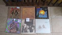 Photo of six vinyl records laid flat, showing front album covers for identification.