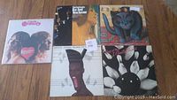 Photo of six vinyl records laid out on wooden floor with varied album art