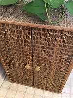 Close-up photo of a rectangular wicker cabinet with double doors, a brown woven pattern, and two wooden geometric handles.