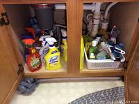 Photo showing under-sink cabinets containing multiple cleaning sprays, dish soaps, and cleaning supplies bottles.