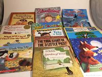 Photo of all 13 hardcover children's books arranged for display, showing titles and authors clearly.