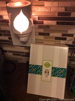 Front view of the Scentsy nightlight warmer plugged in wall outlet, showing leaf cutout and warm light glowing through, with original packaging box below.