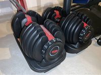 Pair of Bowflex adjustable dumbbells in stands