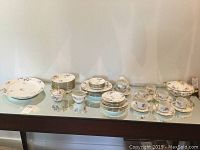 Full set displayed showing plates, bowls, cups, covered serving pieces arranged on glass surface.