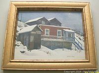 Front view of the framed cabin in winter print by Michael H Cleary.