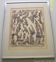 Frontal view of the framed 1964 Elsie Hanna monoprint showing abstract nude forms in brown tones with white matting and silver frame.
