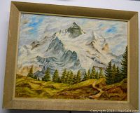 Frontal view of the painting showing the mountain landscape and original wood frame