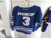 Back view of the blue hockey jersey showing 'PHANEUF' and number '3' with Reebok logo embroidered on the collar.