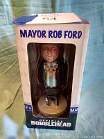 Front of box showing bobblehead inside with Mayor Rob Ford text and logo