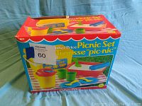 Original packaging for Fisher Price Picnic Set showing colorful picnic basket and included pieces.