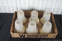 Top angled view of 6 camphor glass lamp shades arranged in a cardboard box, showing fluted petal-like design and translucent milky appearance.