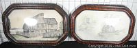 Matched pair of octagonal Art Deco picture frames with dark wood or tortoiseshell finish, displaying monochromatic architectural drawings under convex glass
