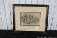 Front view of framed etching print showing Mount Holyoke Seminary scene in black and white within decorative frame.