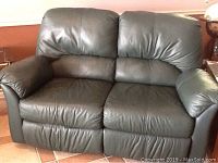 Front view of green leather love seat showing two seat cushions and padded armrests.