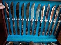 Row of 12 Mid Century style dinner knives with polished metal blades and starburst motif handles in blue lined box