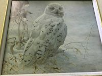Full view of framed matted print showing snowy owl and surrounding natural elements