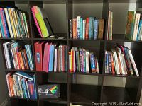 Wide view of multiple shelves with books and binders filling cubby organizer. Visible titles include a mix of academic and general reading books, with colorful binders and notebooks.