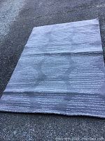Full view of the grey IKEA Lillerod area carpet with geometric circle pattern, laid flat on asphalt, showing overall condition and design.