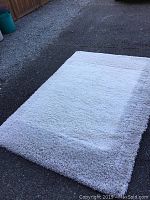 Full view of cream shag area carpet laid out on asphalt surface, showing rectangular shape and texture.