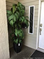 Full view of artificial plant tall with large green leaves in outdoor corner near door.