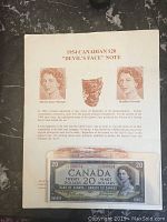 Printed explanatory sheet titled “1954 Canadian $20 ‘Devil’s Face’ Note” with three portrait comparisons and mounted banknote below.